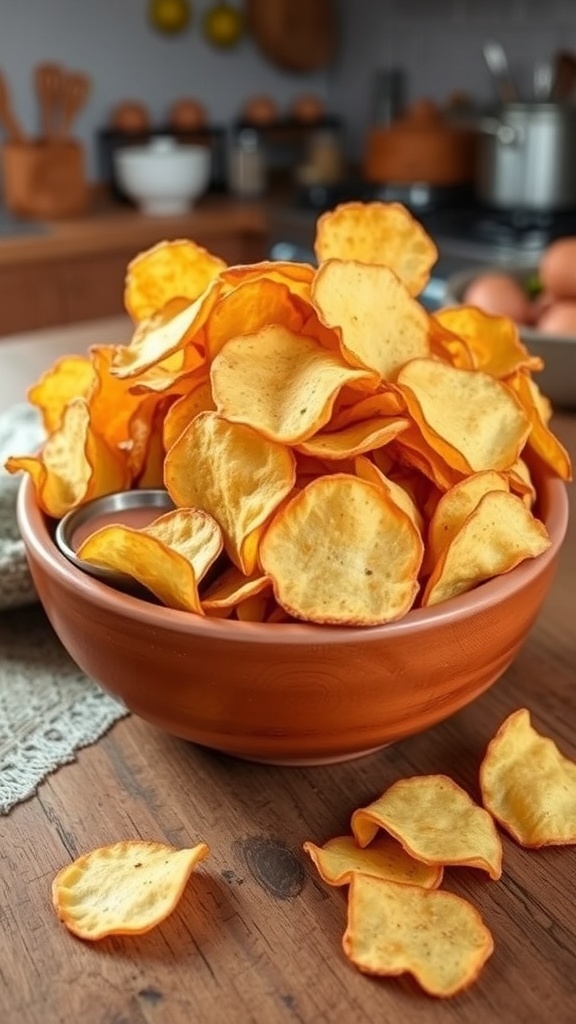 A bowl of golden homemade potato chips with a dip on a rustic wooden table.